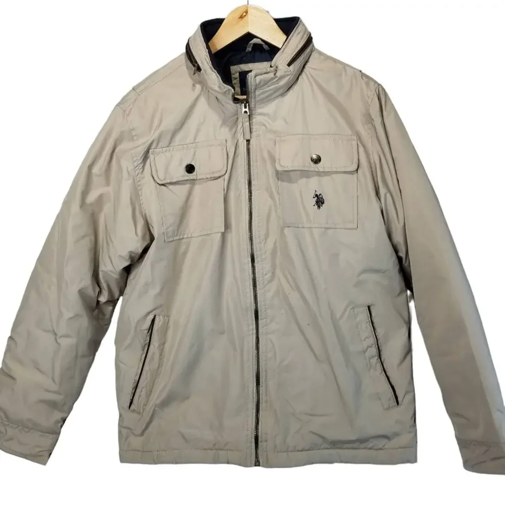 US Polo Jacket Mens Beige Medium Zip Front Lightweight Tan Hidden Hood